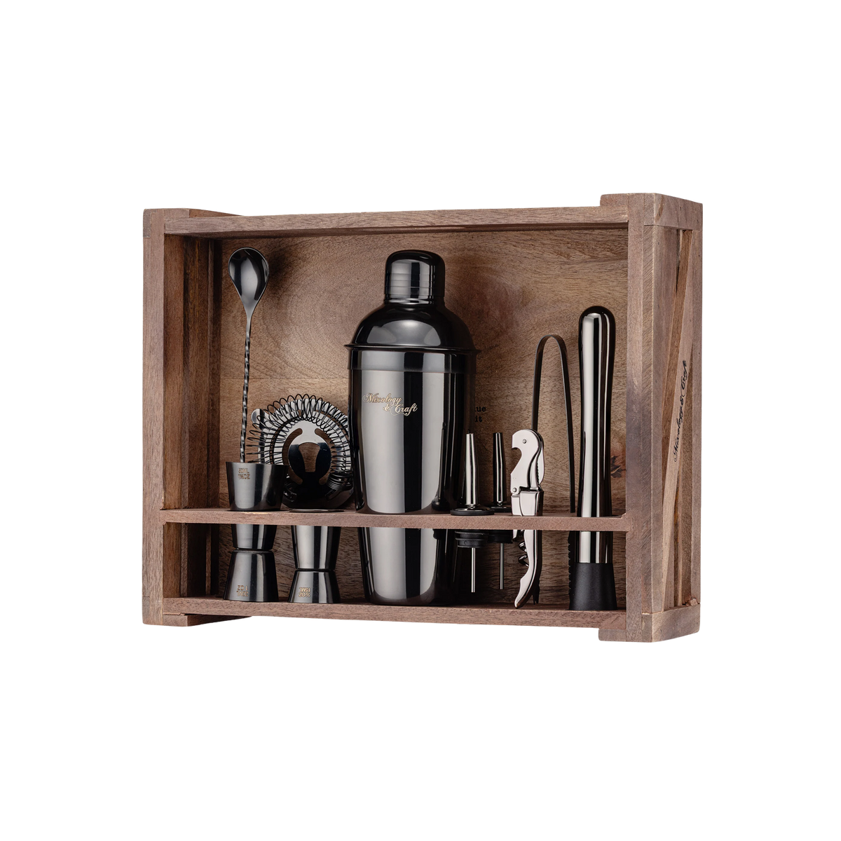 11-Piece Stainless Steel Bartender Kit with Rustic Wood Stand - Gun Metal Finish