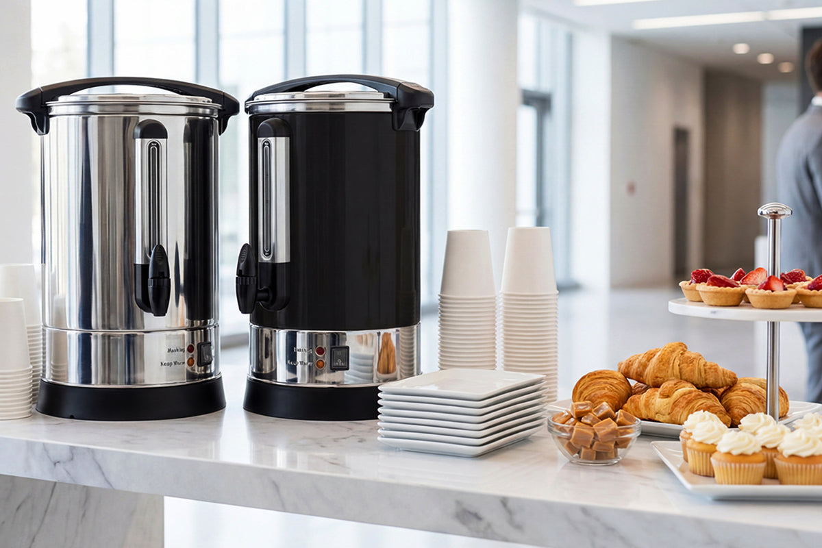 Buffet setup with Zulay Kitchen coffee urns, pastries, and desserts on a marble counter.