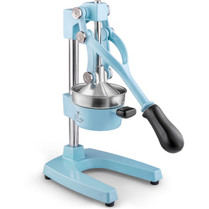 Blue Zulay Kitchen manual juicer with a black handle on a white background