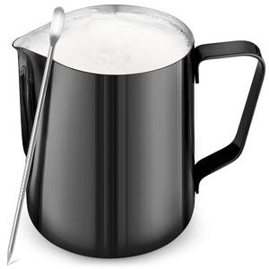 Black milk pitcher with a handle and steam wand on a white background