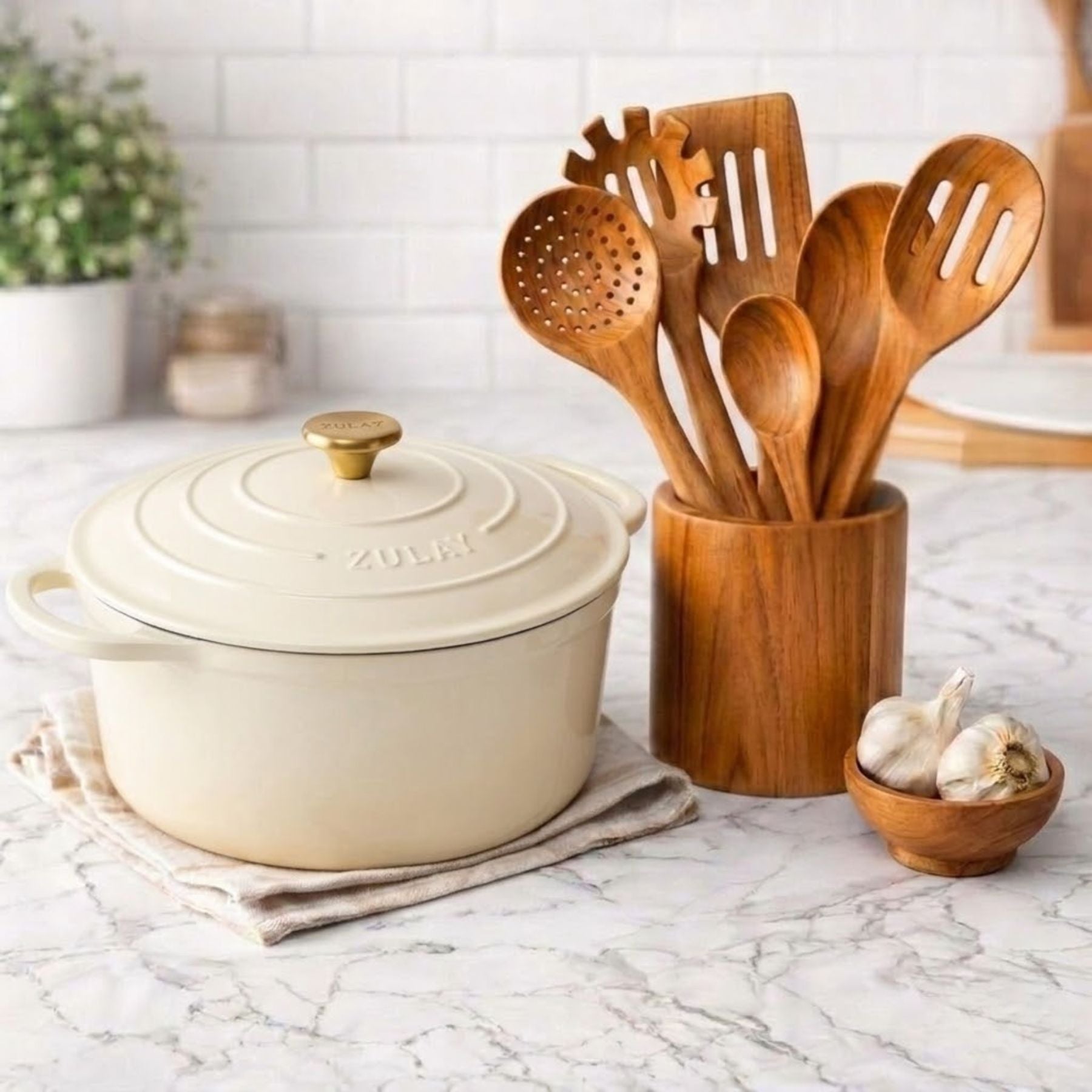 Cast Iron Dutch Oven + Teak Wood Utensils Set Bundle- Ivory by Zulay Kitchen