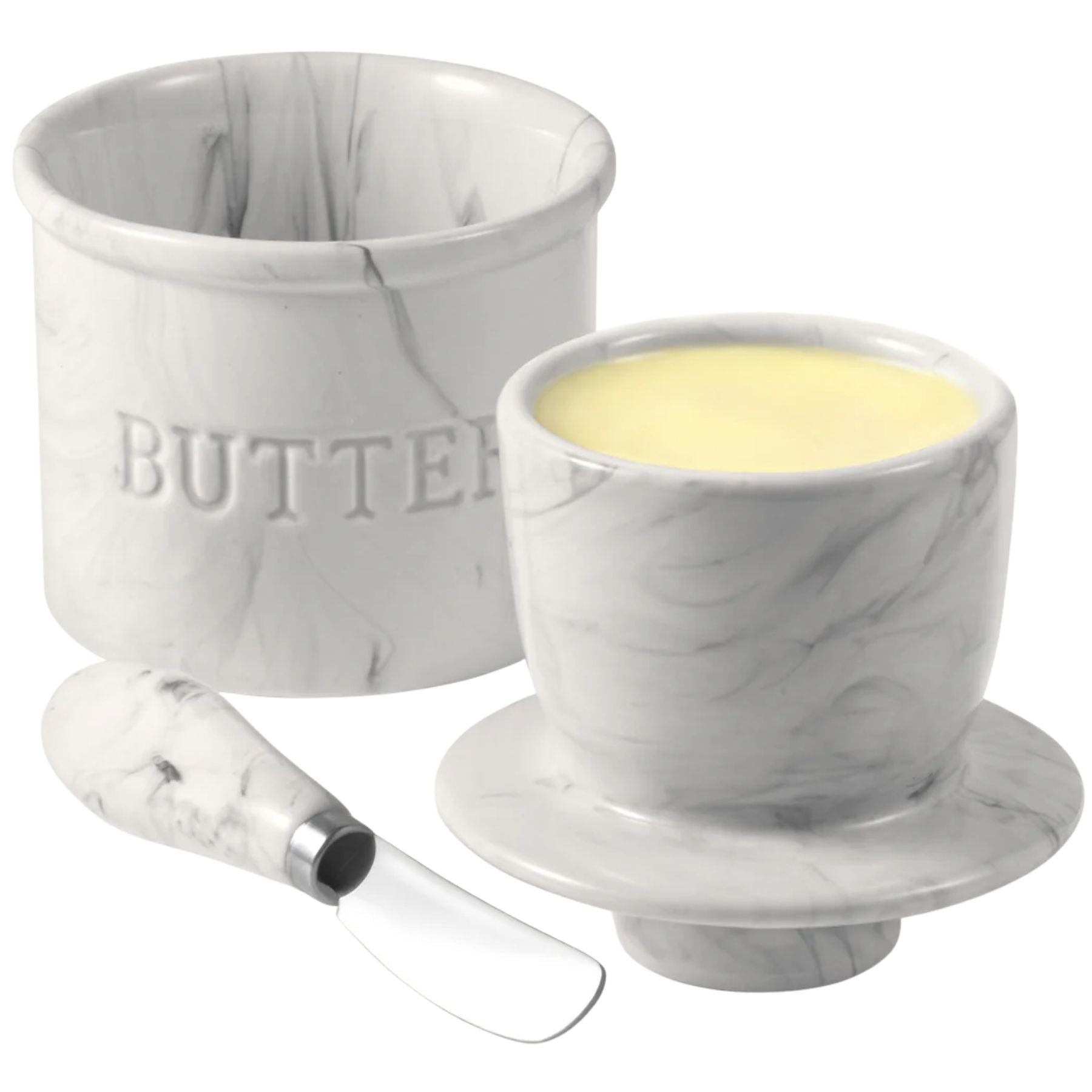 Zulay Kitchen Ceramic Butter Crock with Knife and Lid - White Marble