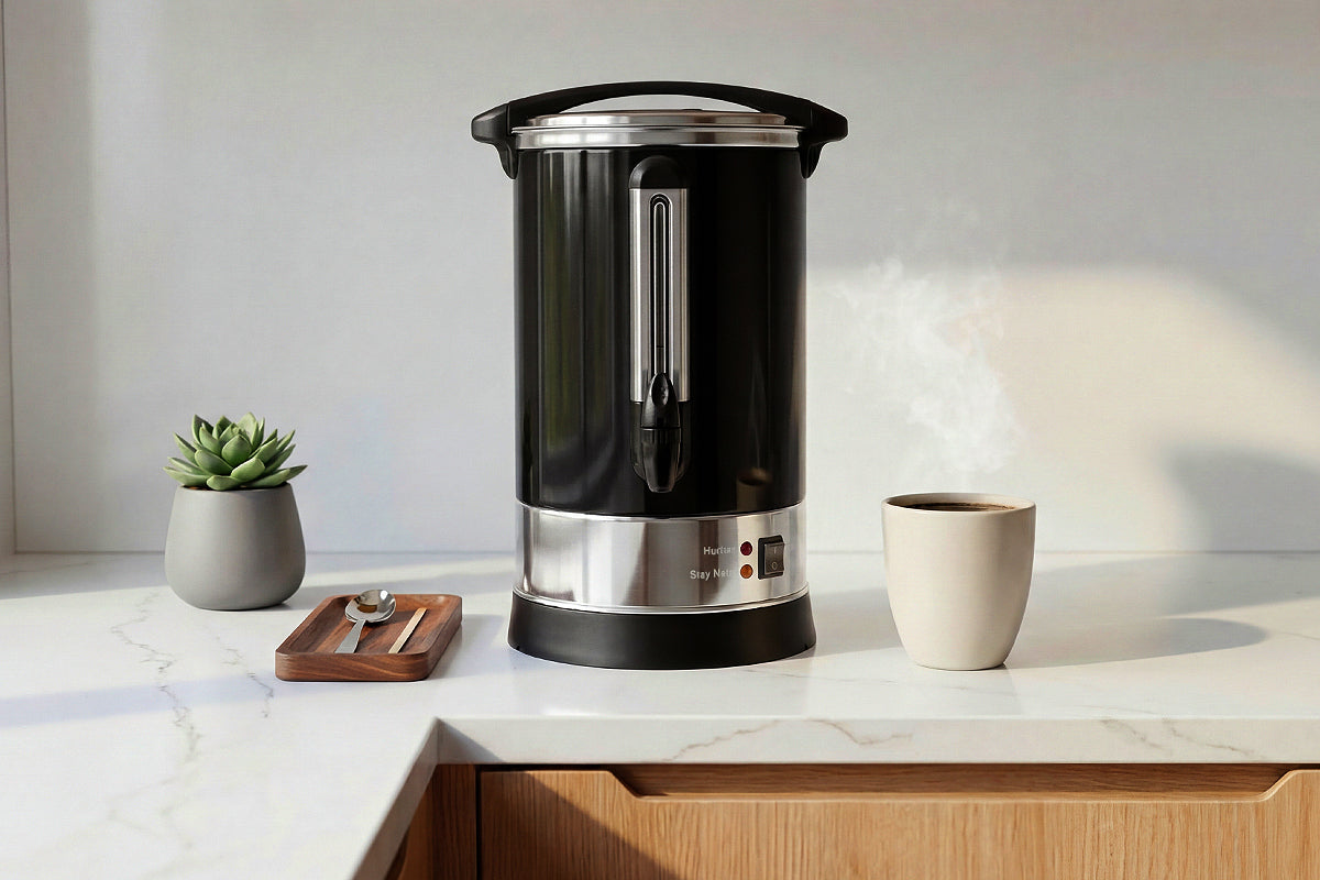 Black and silver Zulay Kitchen coffee urn on a kitchen counter with a white background