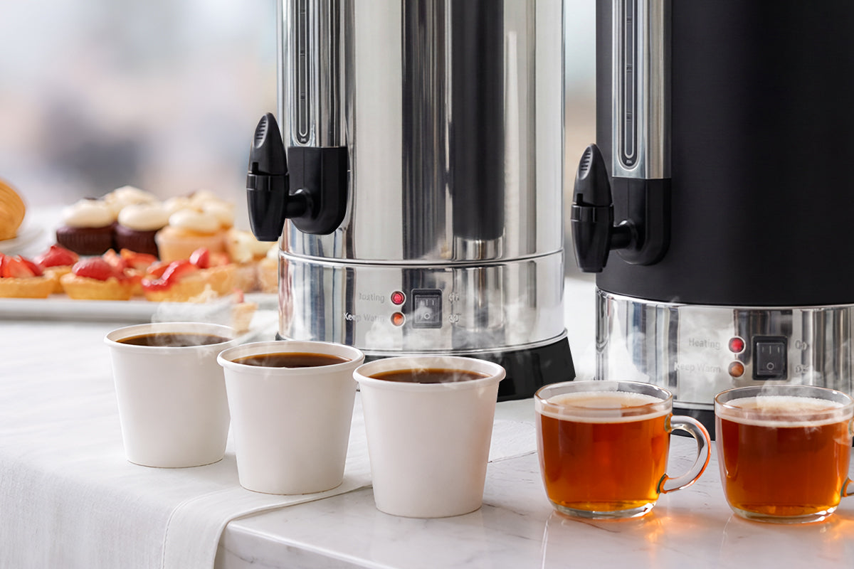 Zulay Kitchen coffee urn with cups of coffee and tea on a table