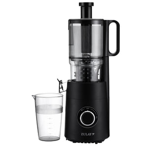 Black Zulay juicer with a clear container on a white background