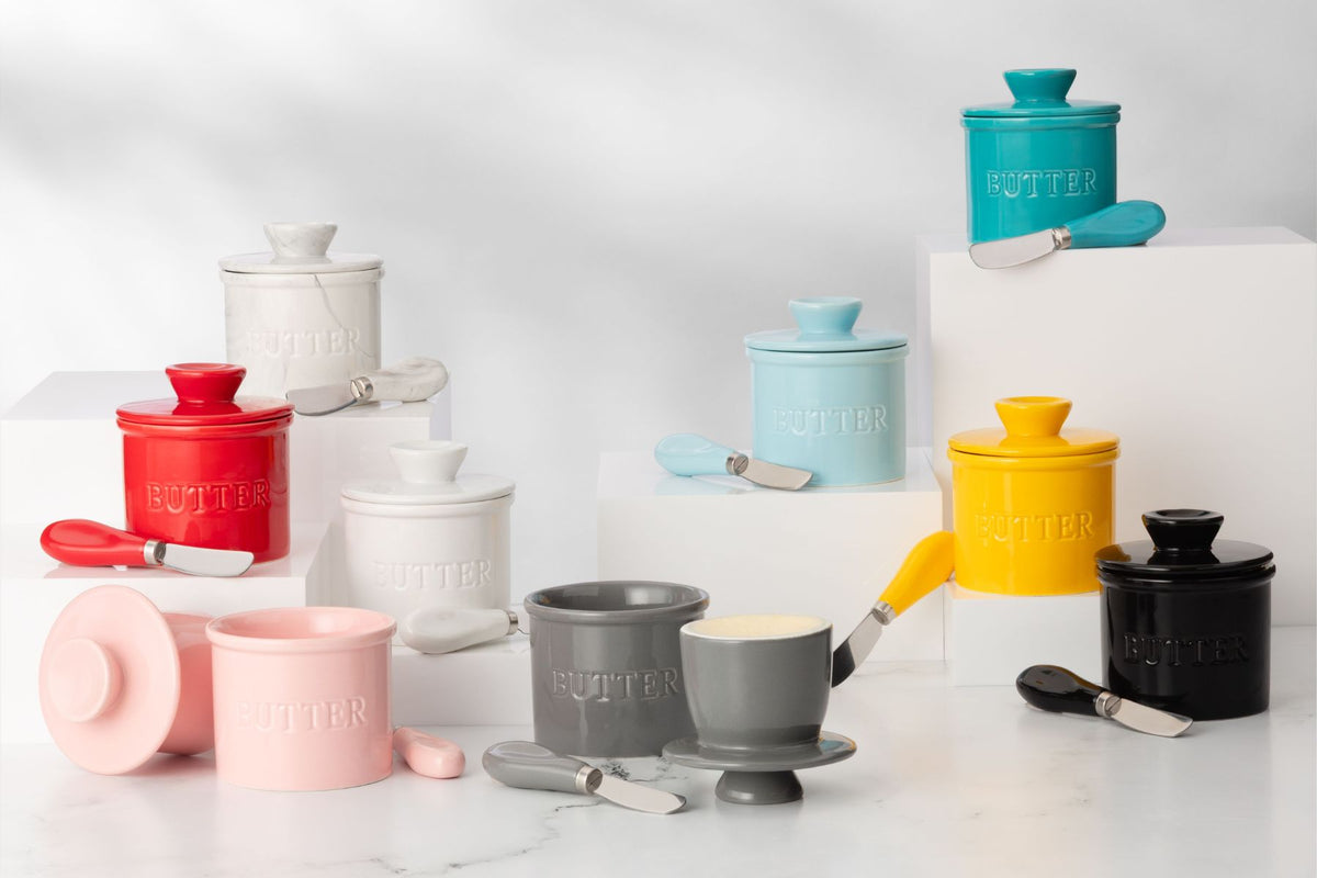 Colorful Zulay Kitchen ceramic butter crock set kitchen canisters on a white background