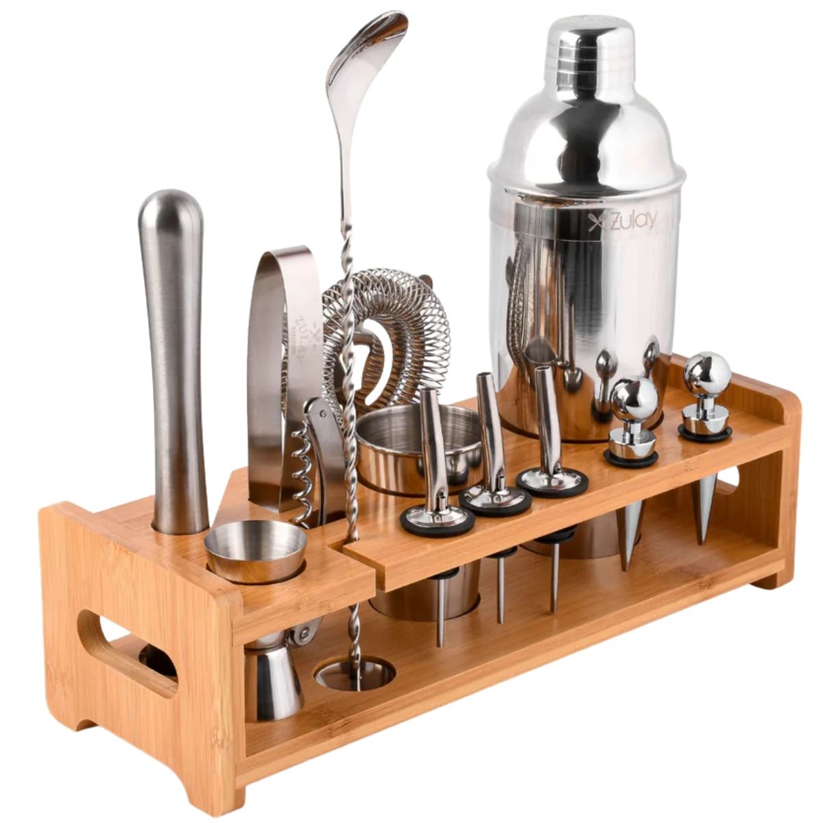 Complete Bartender Kit - 24-Piece Stainless Steel Cocktail Shaker Set with Bamboo Holder by Zulay Kitchen