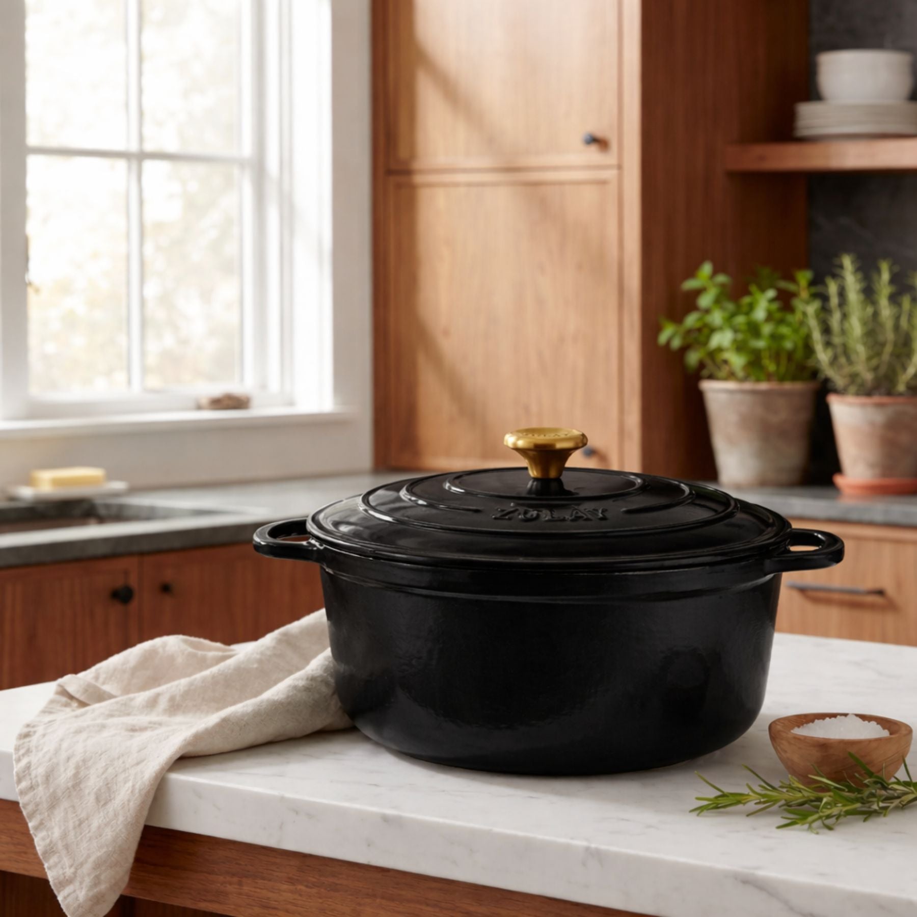 Black cast iron cookware on a kitchen counter with a window and plants in the background