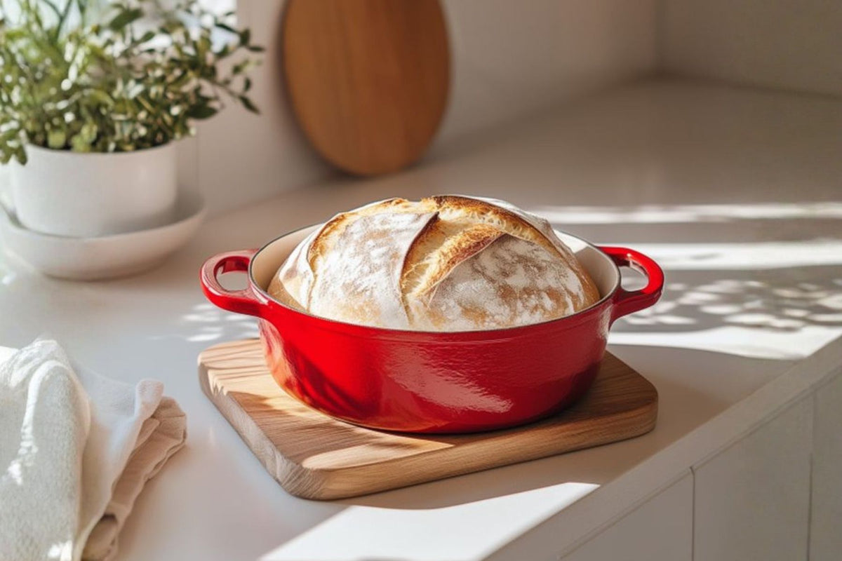 Loaf of bread in a red ceramic dish on a wooden cutting board with a plant in the background.