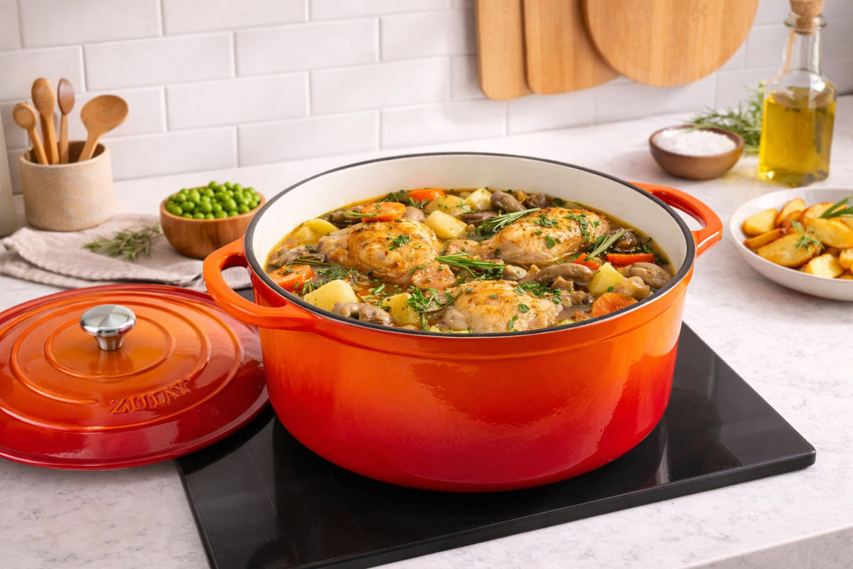 Red enameled cast iron Dutch oven with a chicken and vegetable stew on a stovetop, surrounded by kitchen items.
