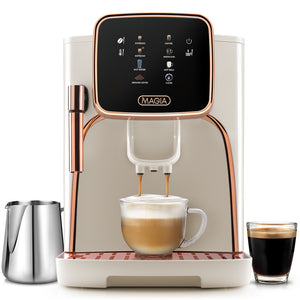 Zulay Kitchen Clasica Coffee machine with a cup of coffee and a glass of black coffee on a white background