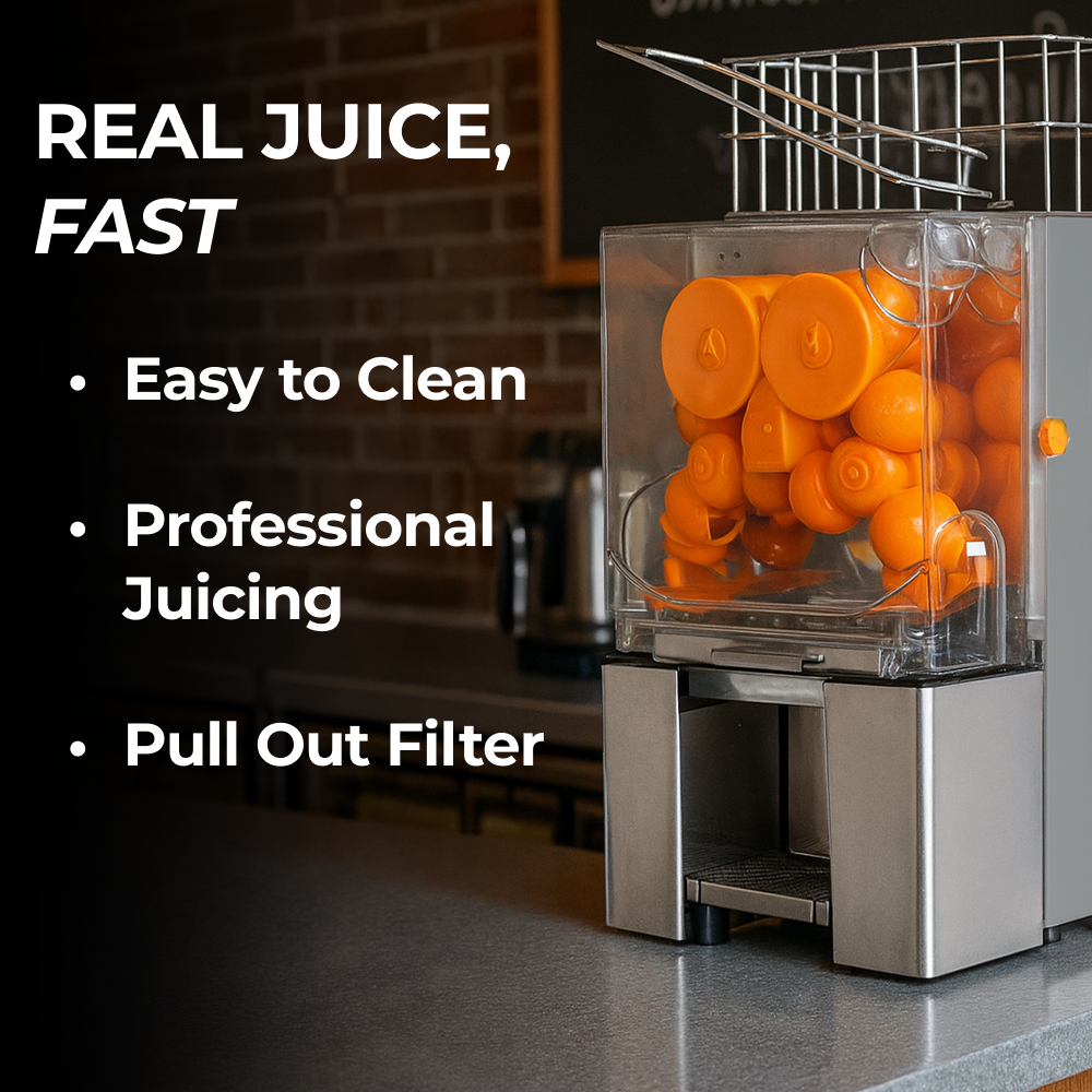 Whole Oranges Being Squeezed in Fully Automatic Citrus Juicer 
