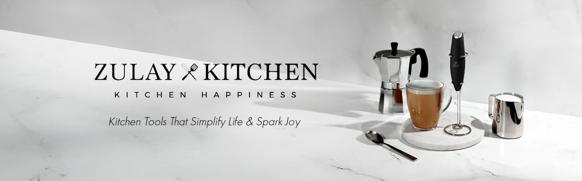 Zulay Kitchen advertisement with coffee-making setup on a white surface