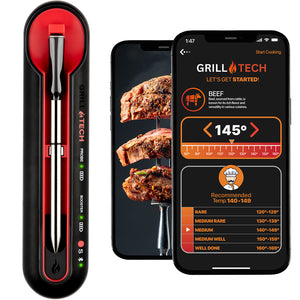 Grill Tech thermometer and smartphone app displaying cooking temperature and guidelines.