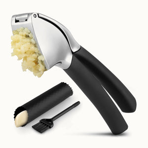 Garlic Press Comfort Grip with Peeler and Brush-Black by Zulay Kitchen
