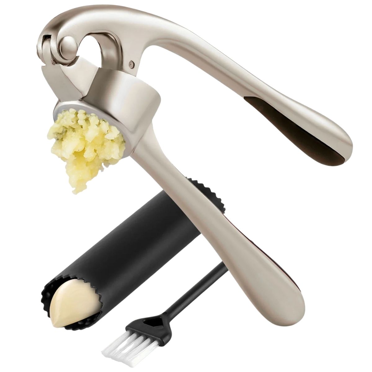 Garlic Press and Peeler Set With Silicone Peeler & Brush - Imperial Silver by Zulay Kitchen