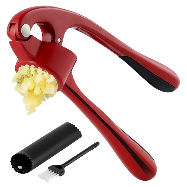 Garlic Press and Peeler Set With Silicone Peeler & Brush - Majestic Red by Zulay Kitchen