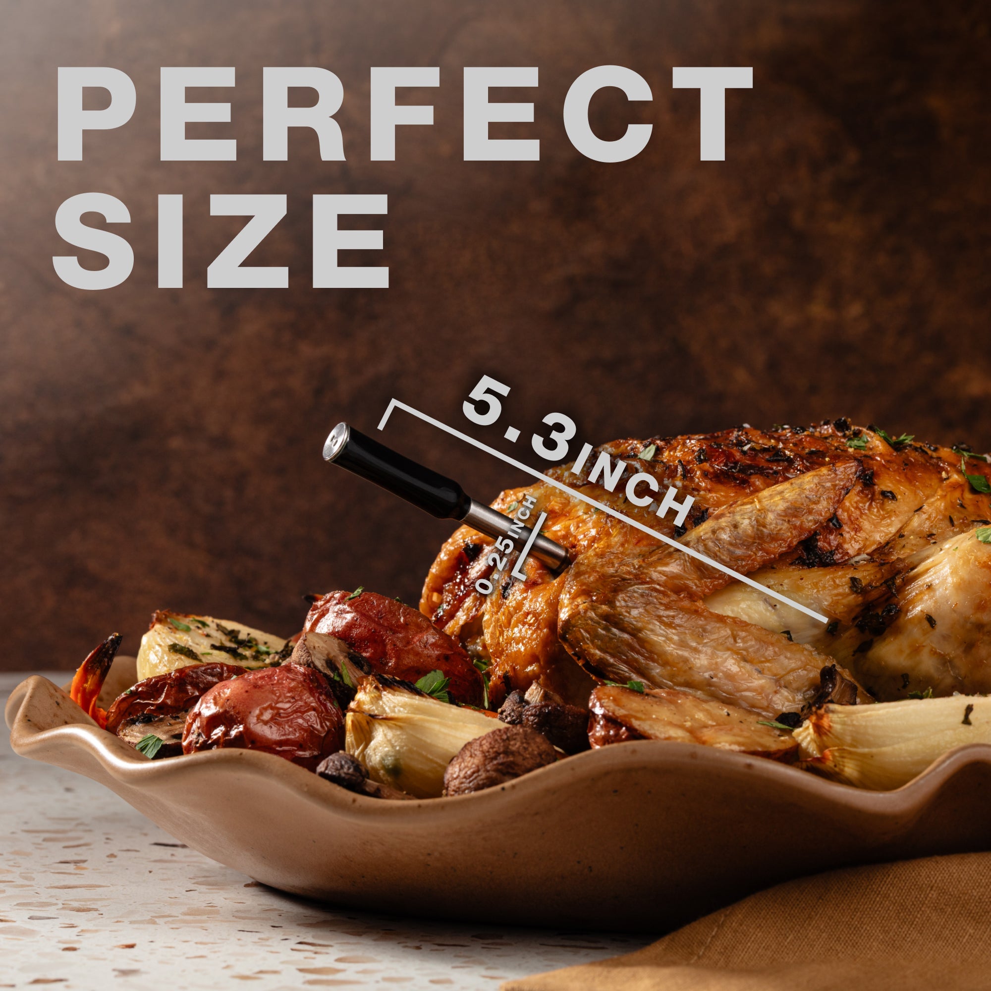 Dish of roasted vegetables with a measuring stick indicating a size of 5.3 inches, set against a wooden background.