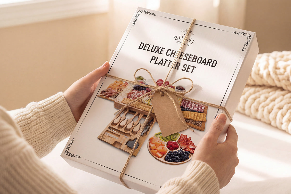 Zulay Kitchen Bamboo Cheese Board Set packaging held by a person