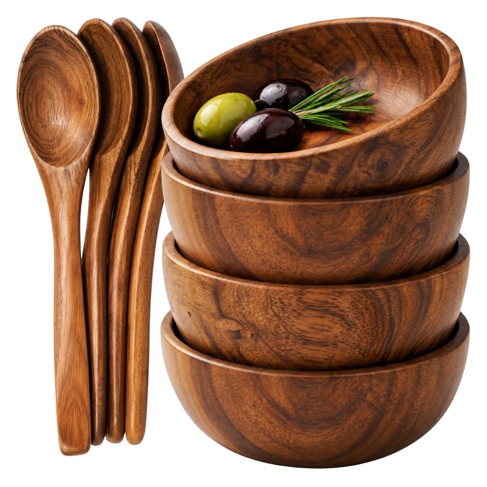 Teak Wood 8 Piece Dipping Bowls with Spoons Set