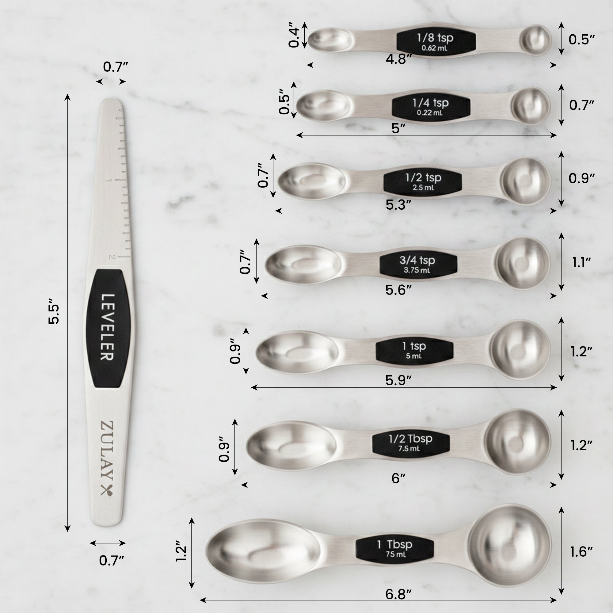 Set of Zulay Kitchen magnetic measuring spoons with labels and measurements on a white background