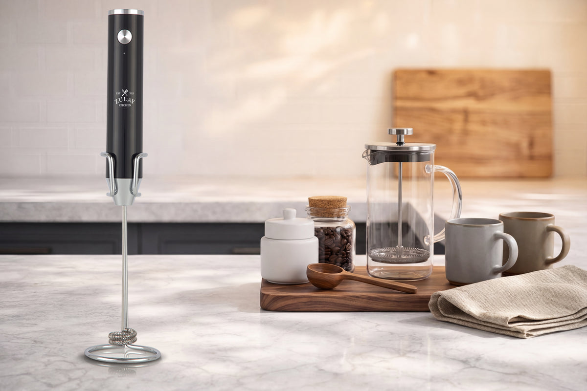 Black handheld lux milk frother on a kitchen counter with coffee-making items.
