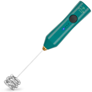Teal Zulay Kitchen milk frother with a black button on a white background