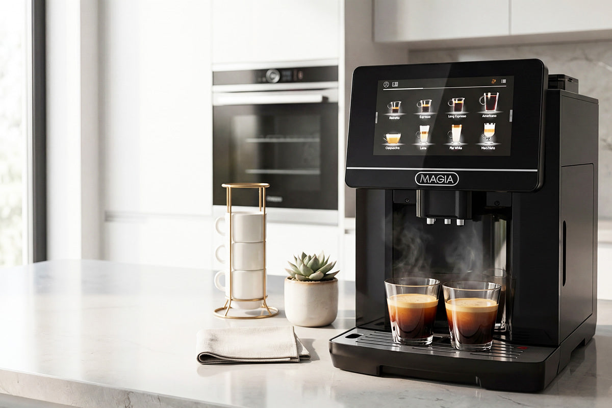 Zulay Magia Super Automatic Espresso Machine on a kitchen counter with two glasses of coffee and a plant.