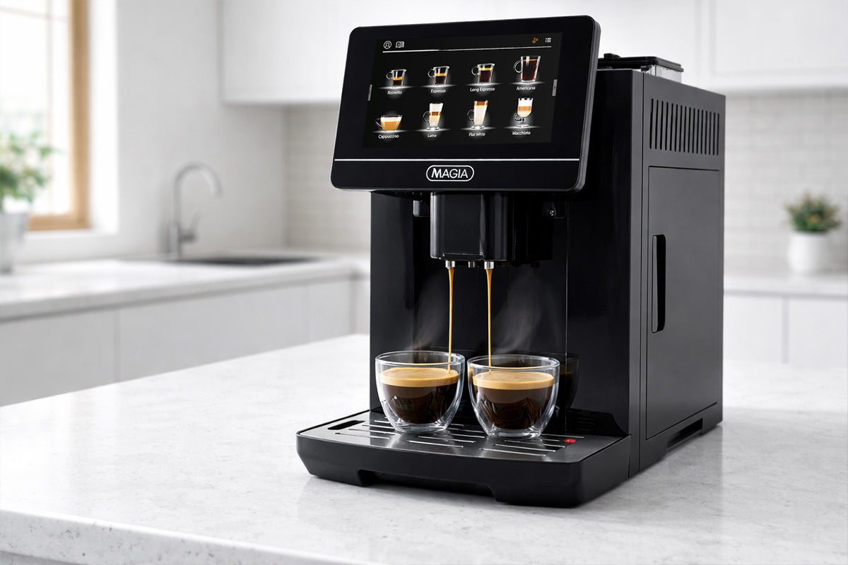Zulay Magia Super Automatic Espresso Machine dispensing coffee into two glasses on a kitchen counter.
