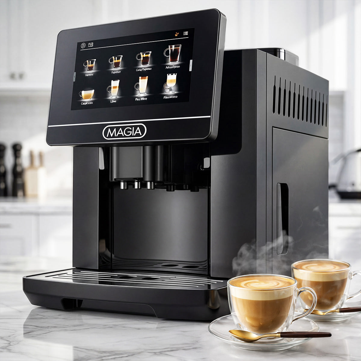 Black Zulay Magia Super Automatic Espresso Machine labeled 'Magia' with two cups of coffee on a marble countertop.