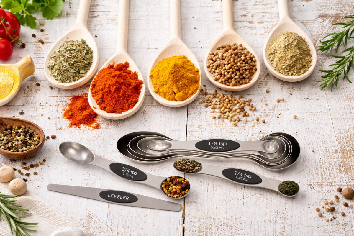 Spices in wooden spoons with measuring spoons on a rustic surface