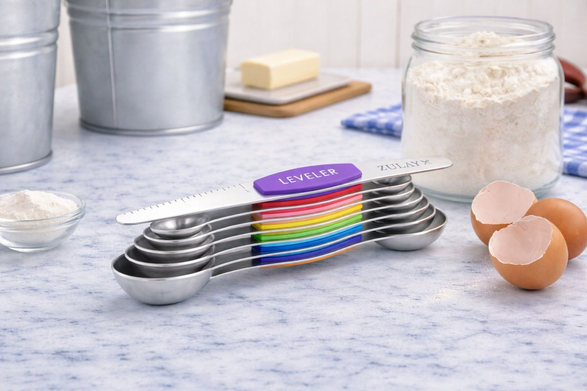 Set of measuring cups with colorful handle on a kitchen counter with ingredients.