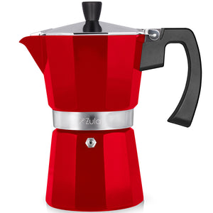 Red espresso maker with black handle and lid on a white background