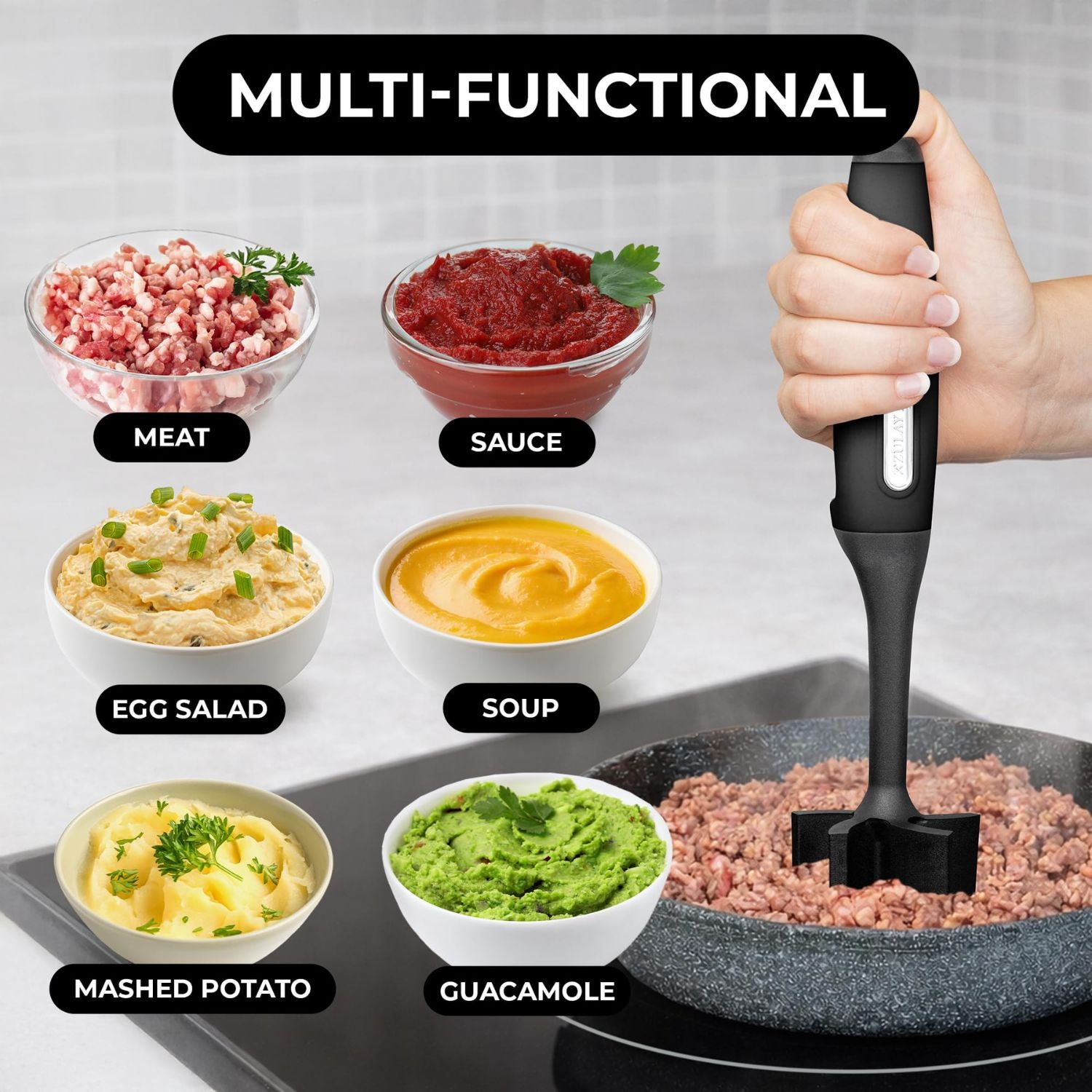 Multifunctional meat chopper being used on a pan with various food items displayed.