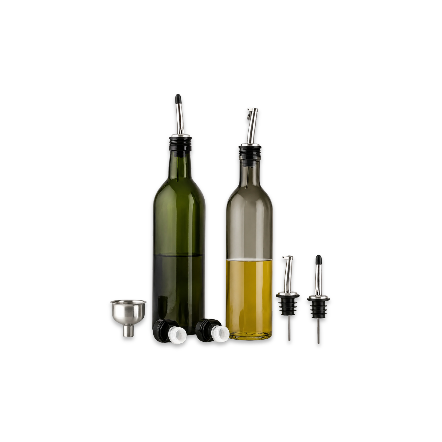 Two bottles of olive oil on a kitchen counter with a salad and ingredients.