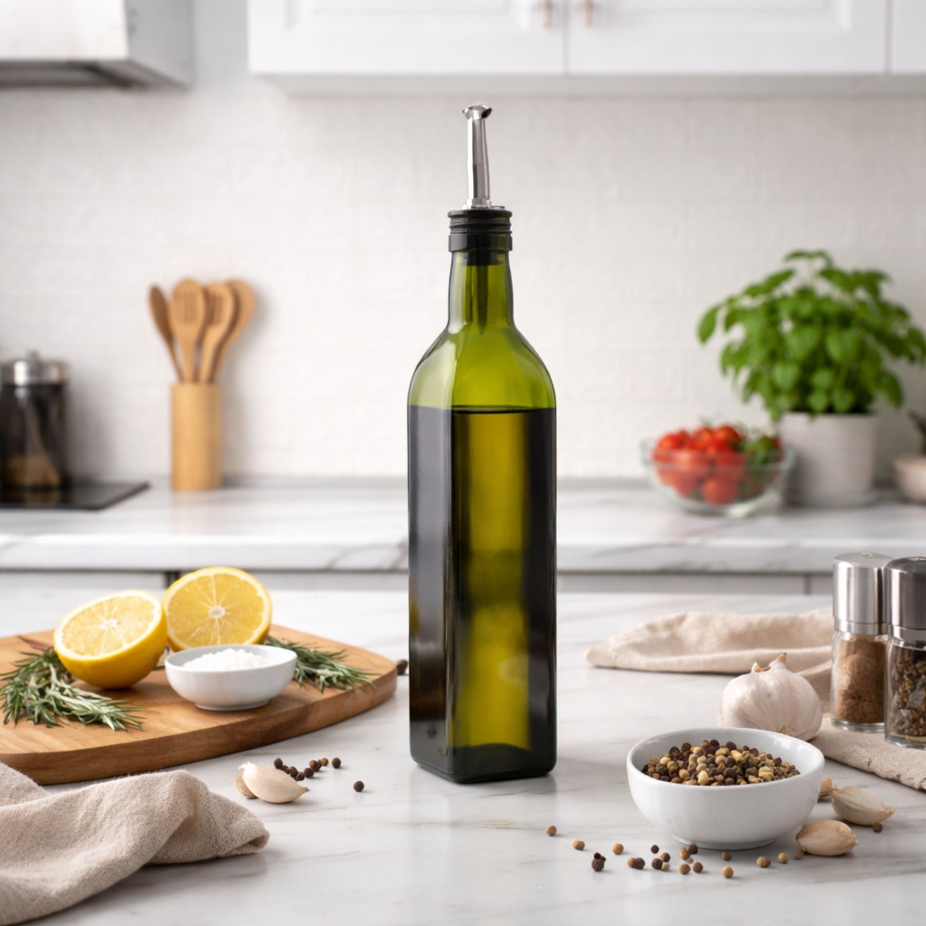 Olive oil bottle on a kitchen counter with lemons, herbs, and spices.