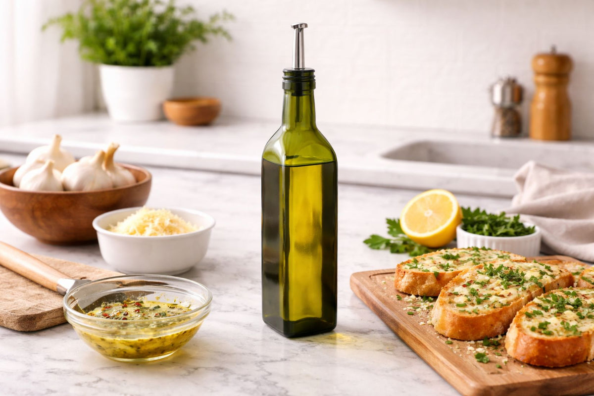 Olive oil bottle on a kitchen counter with bread and herbs