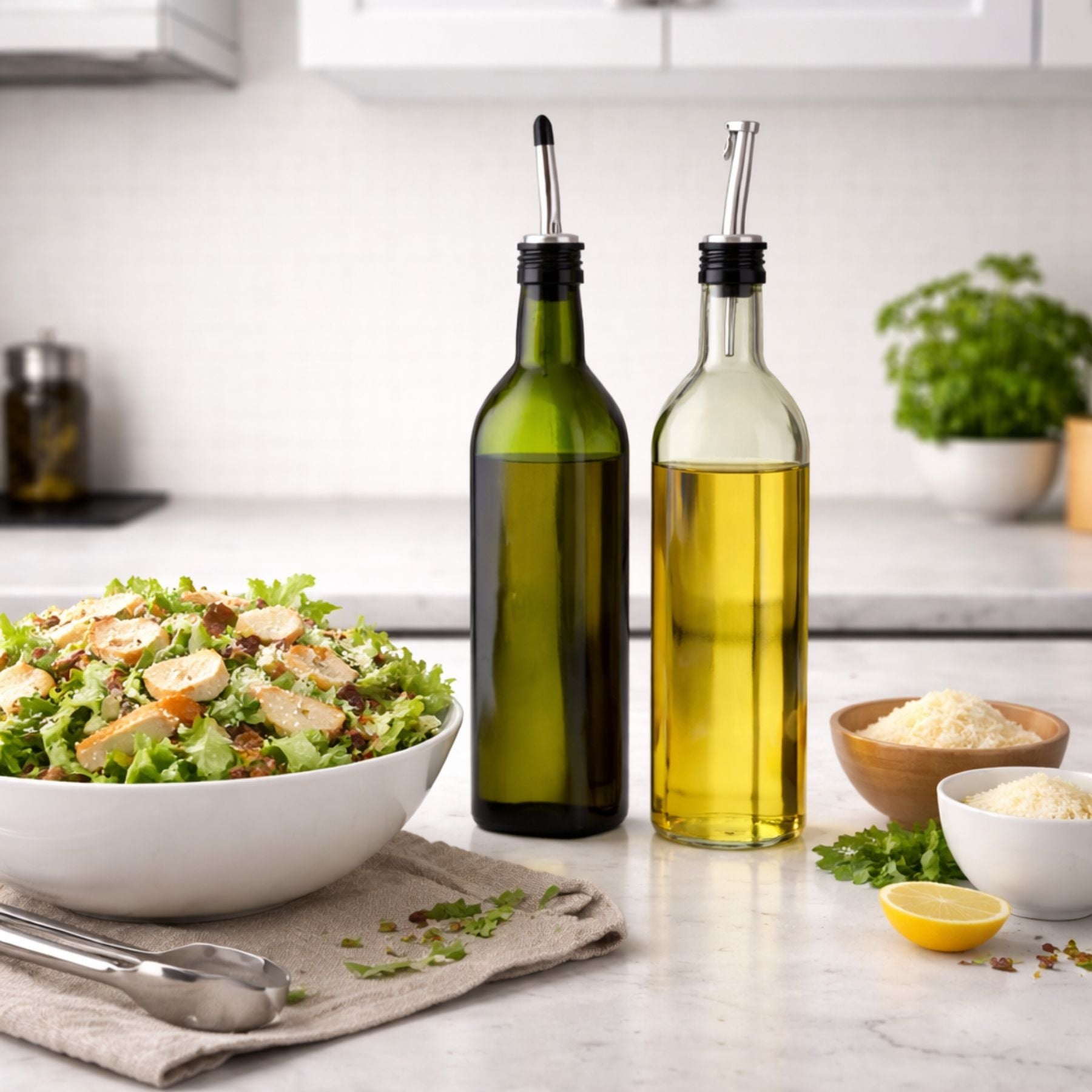 Two bottles of olive oil on a kitchen counter with a salad and ingredients.