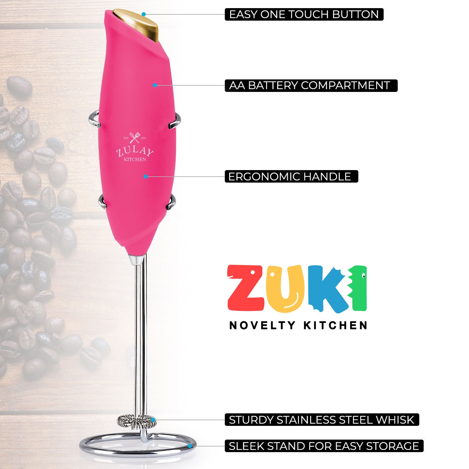 One Touch Milk Frother - ZUKI Novelty Kitchen - Hot Pink with Gold Button by Zulay Kitchen