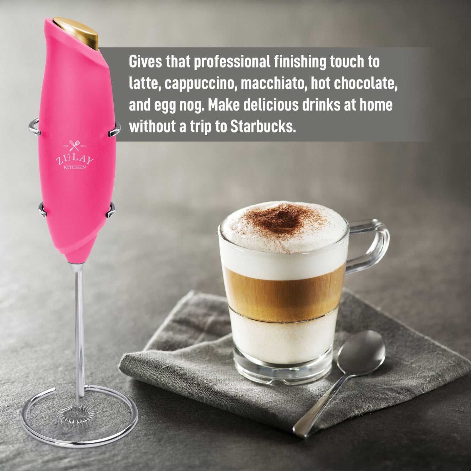 One Touch Milk Frother - ZUKI Novelty Kitchen - Hot Pink with Gold Button by Zulay Kitchen