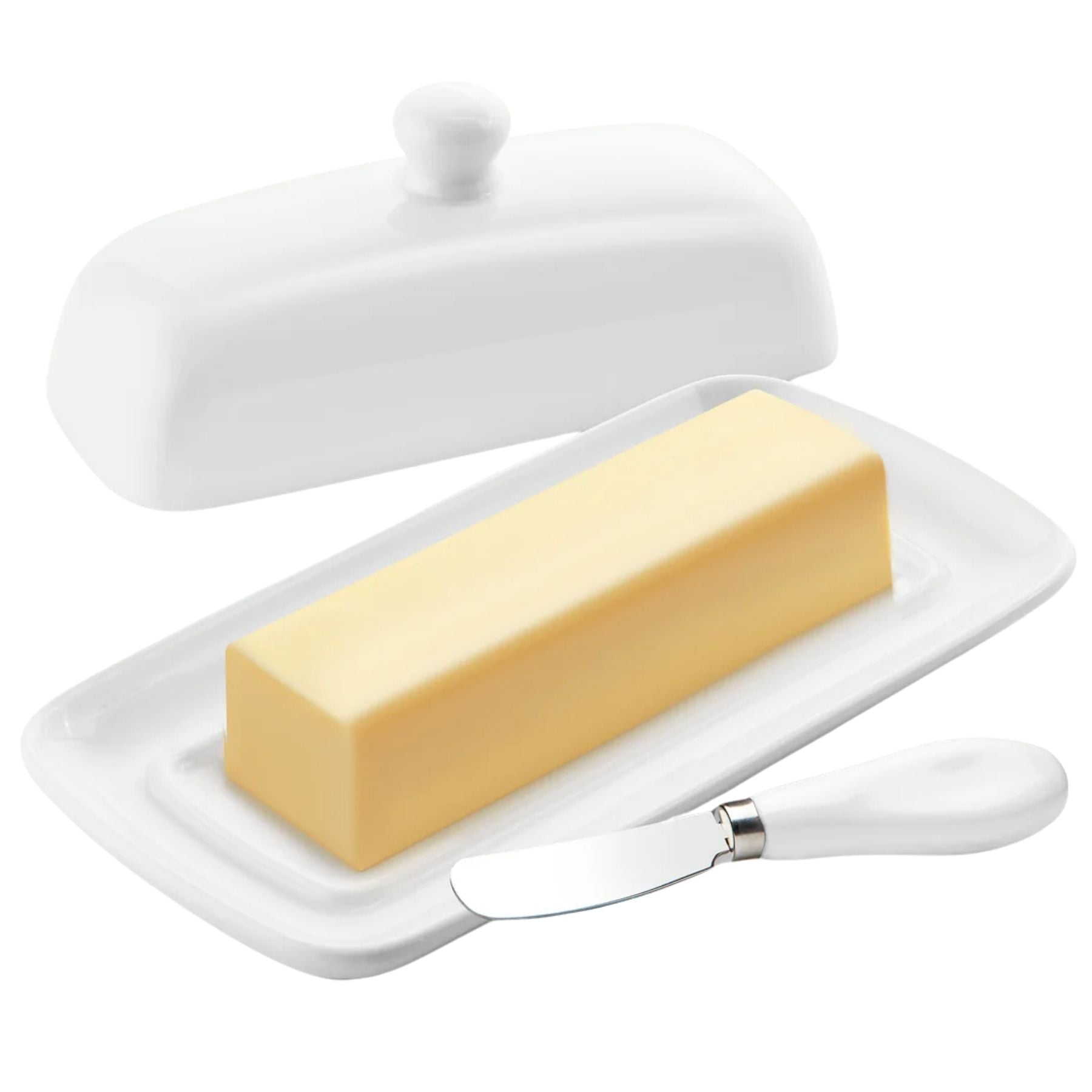 Zulay Kitchen Porcelain Butter Dish With Lid & Knife - White
