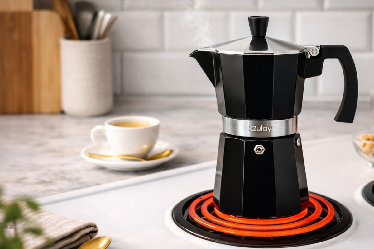 Black Zulay coffee maker on a hot plate with a cup of coffee in the background
