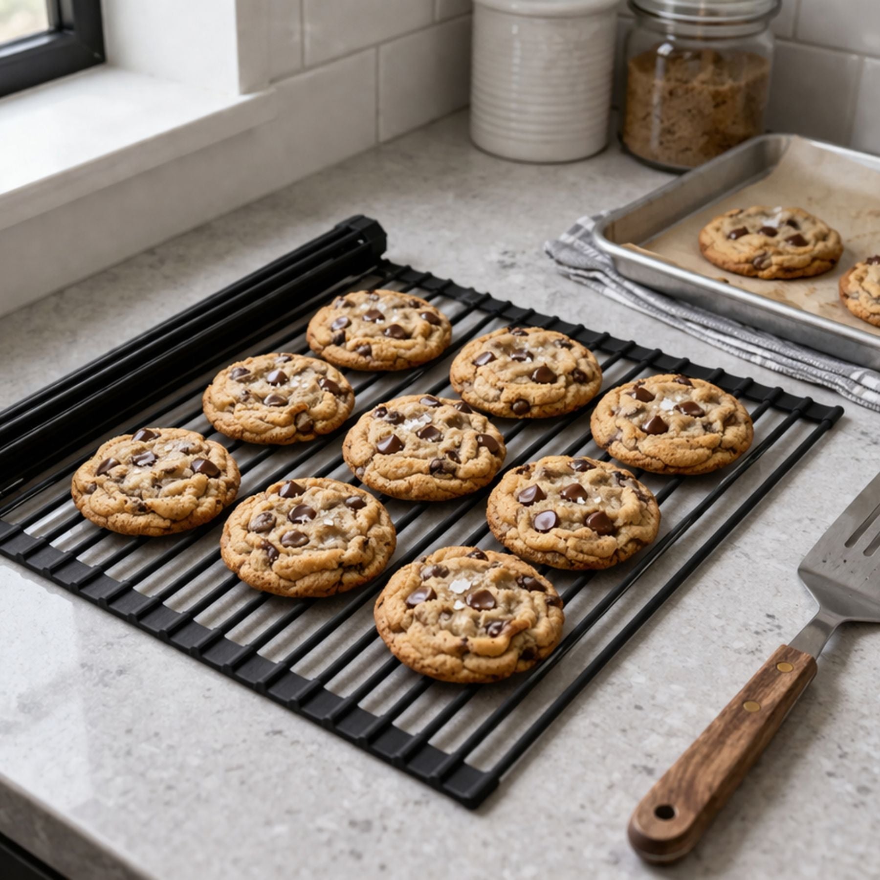 Chocolate chip cookies on a cooling rack with a spatula and baking tray in a kitchen setting.