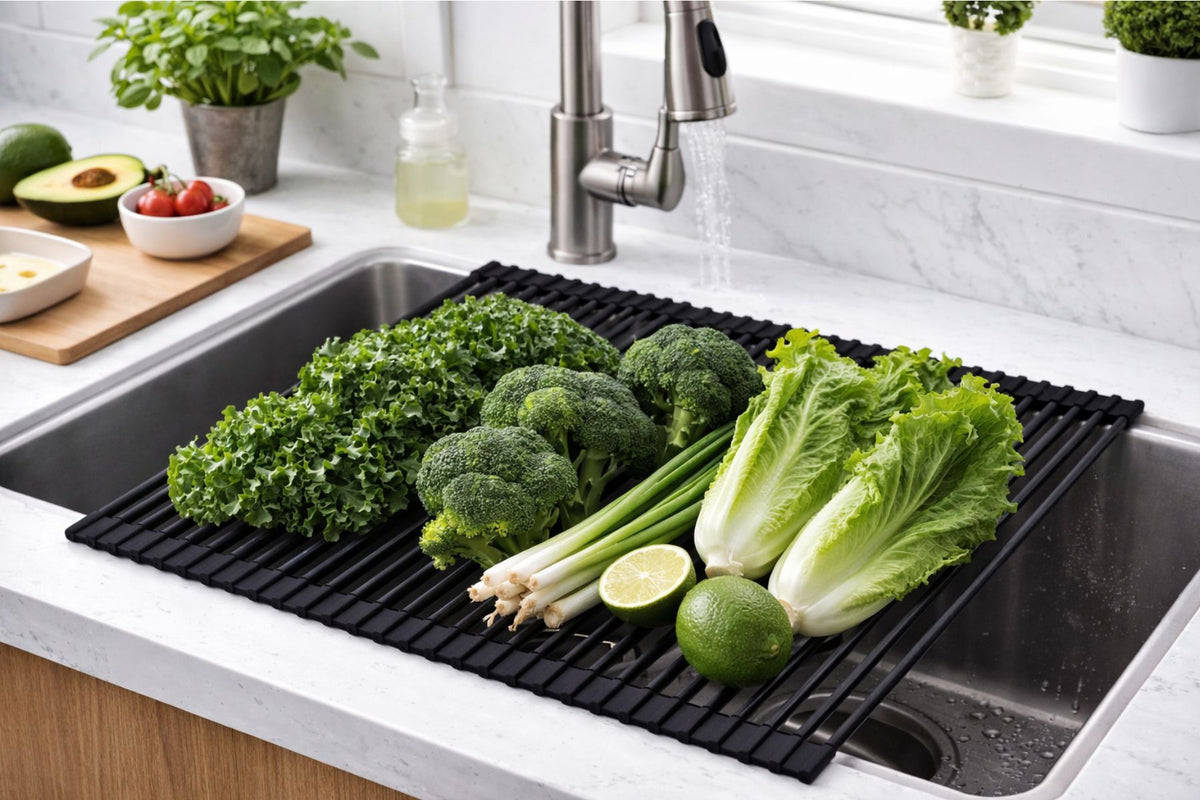 Black kitchen mat with vegetables on a white kitchen counter