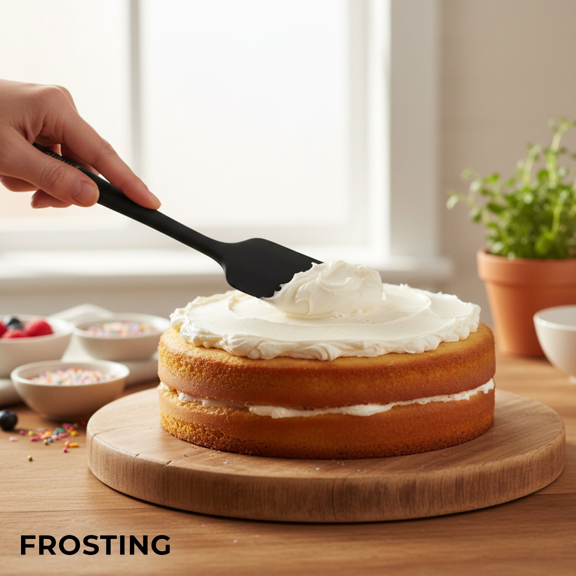 Person frosting a cake with a Zulay Kitchen spatula on a wooden board, with 'FROSTING' text displayed.