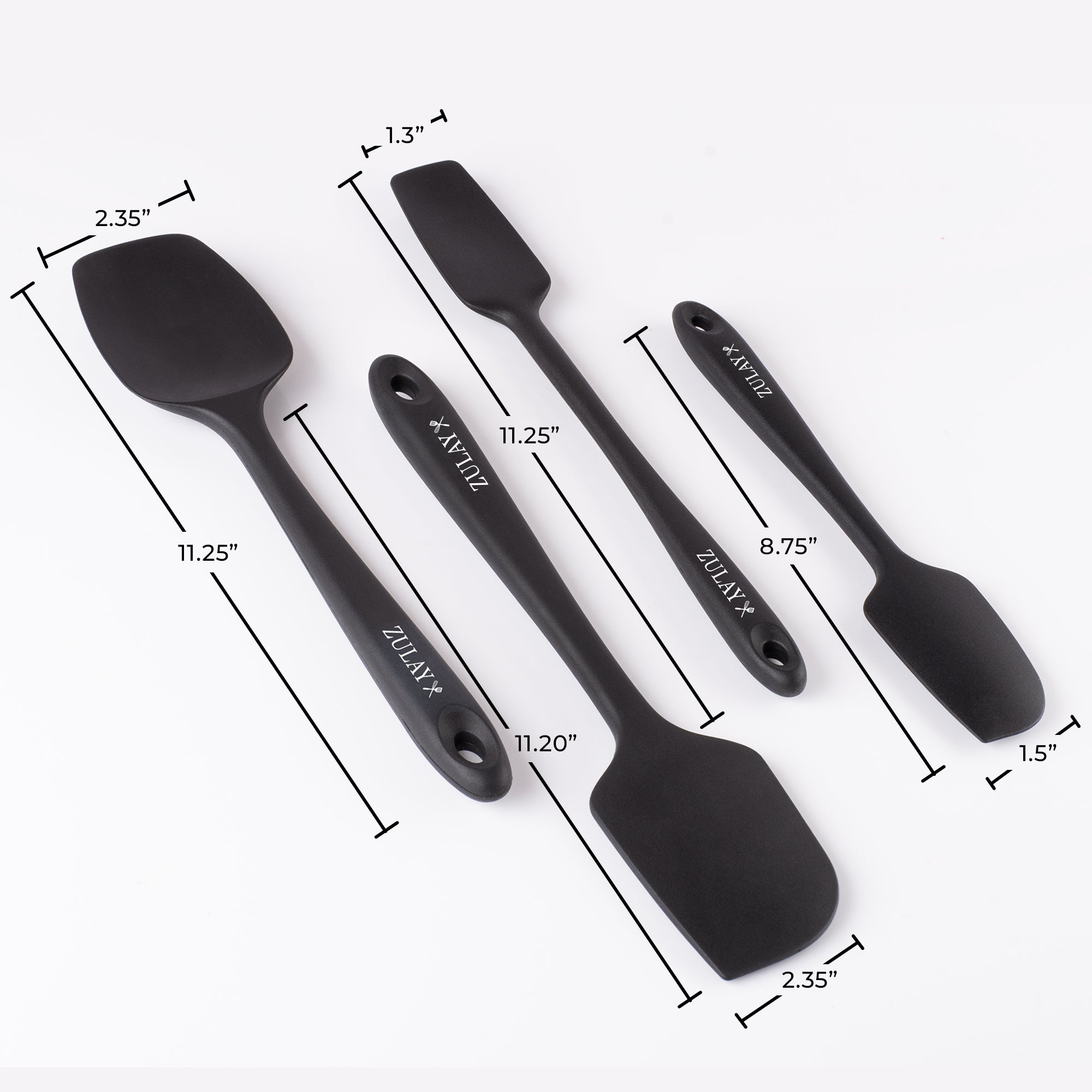 Set of black Zulay Kitchen silicone spatula spatulas with measurements on a white background