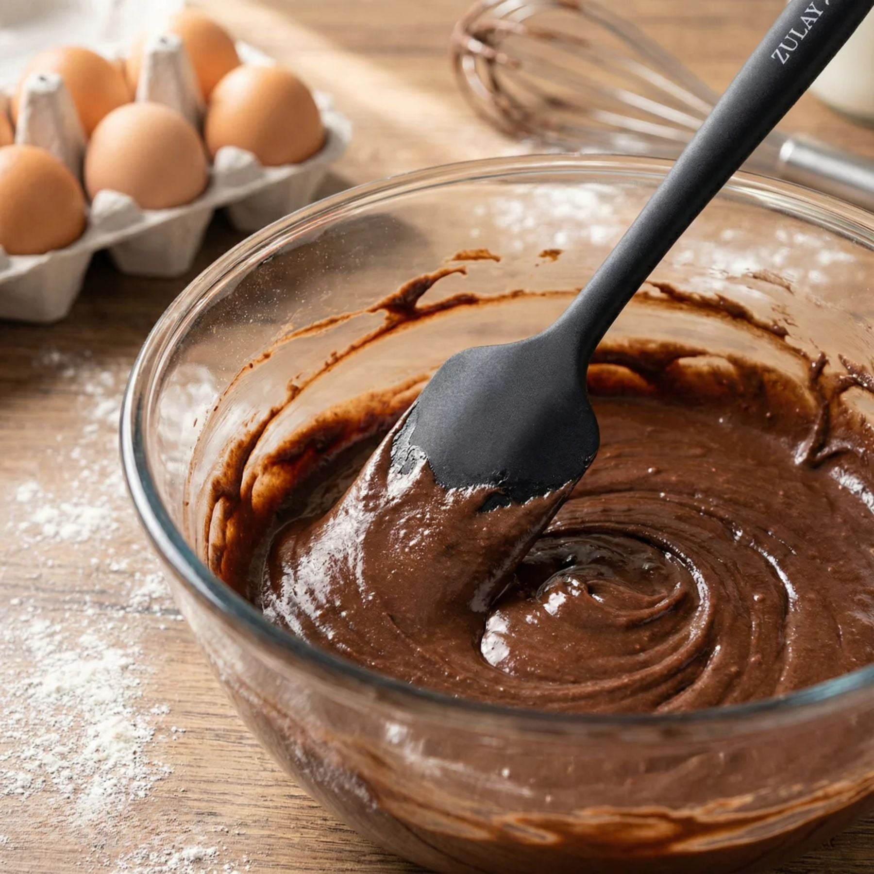 Bowl of chocolate batter with a Zulay kitchen silicone spatula, eggs, and flour in the background on a wooden surface.