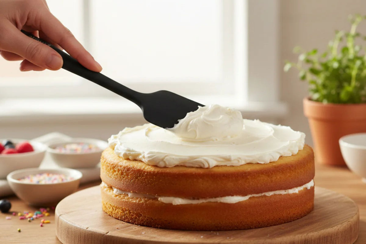Person frosting a layered cake with a Zulay kitchen silicone spatula on a wooden board.