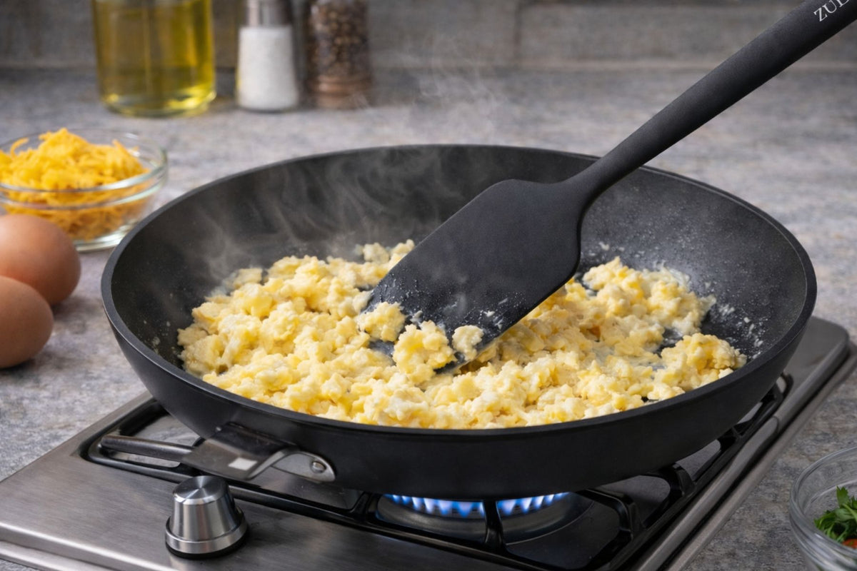 Scrambled eggs being cooked in a pan on a stove with a Zulay kitchen silicone spatula.