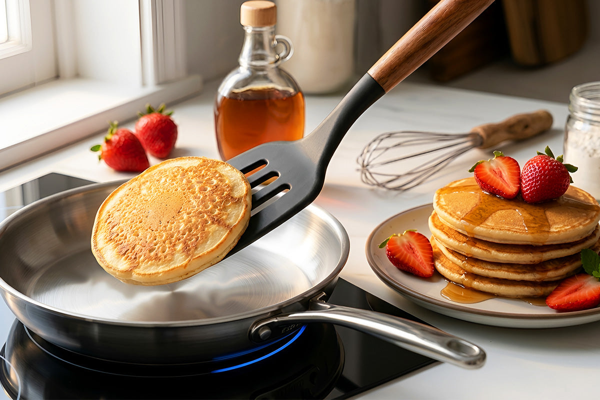 Flipping pancakes with Zulay Kitchen Silicone Utensils Set